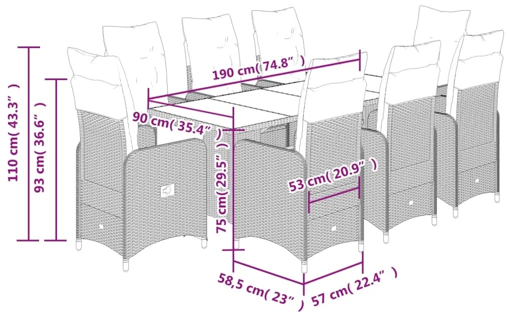 9 pcs conjunto bistrô de jardim c/ almofadões vime PE cinzento