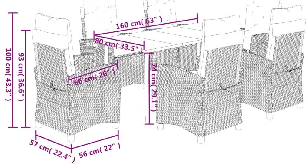 7 pcs conj. jantar p/ jardim c/ almofadões vime PE cinza-claro