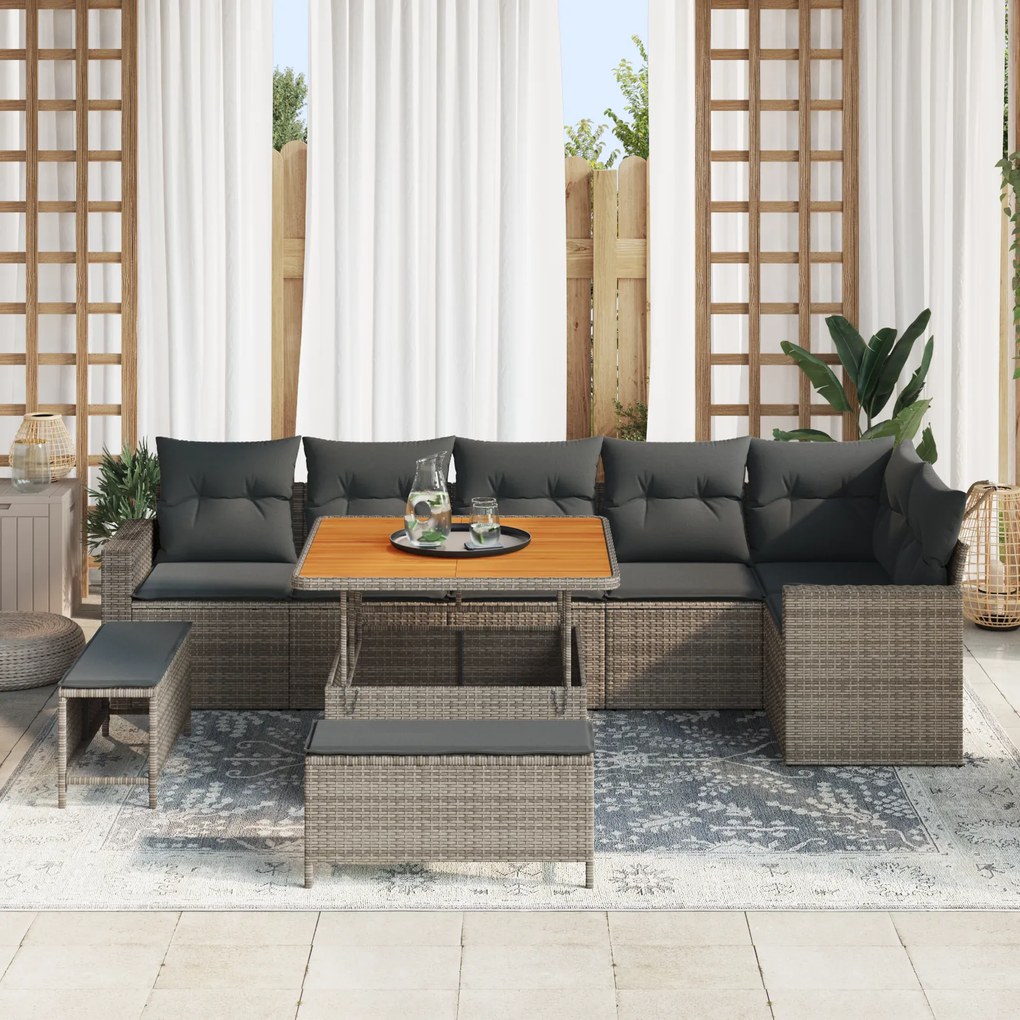 Conjunto de Sofá de Jardim de 9 Peças com Almofadas Cinza Rattan Polié
