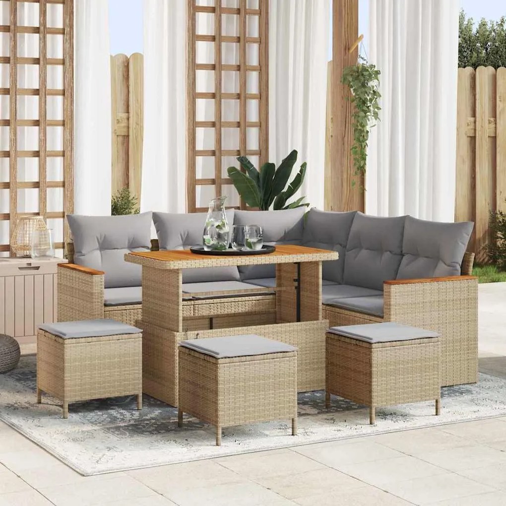 vidaXL Conjunto de Sofá de Jardim com 9 Peças e Almofadas em Rattan Poly Bege Acácia