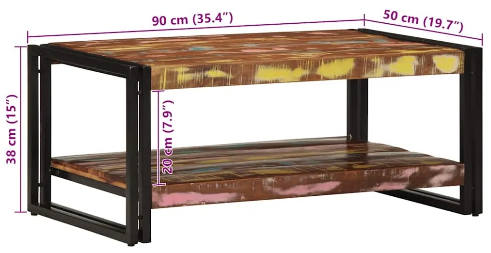 Mesa de centro multicor 90x50x38 cm madeira maciça recuperada