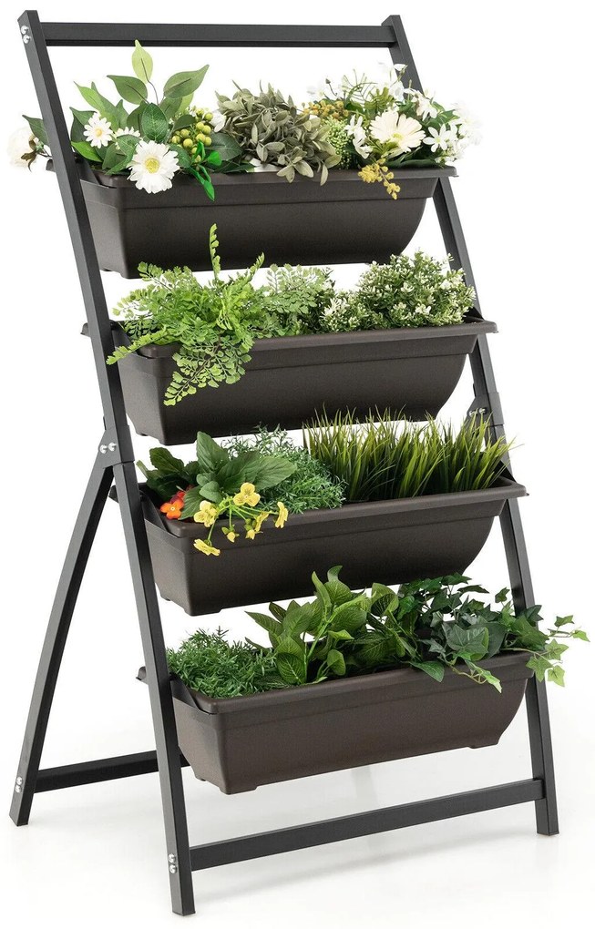 Canteiro de jardim elevado vertical de 4 níveis com 4 recipientes e furos de drenagem - M