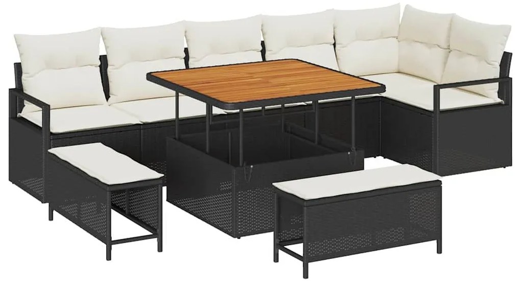 Conjunto de Sofá de Jardim de 9 Peças com Almofadas Preto Rattan Polié