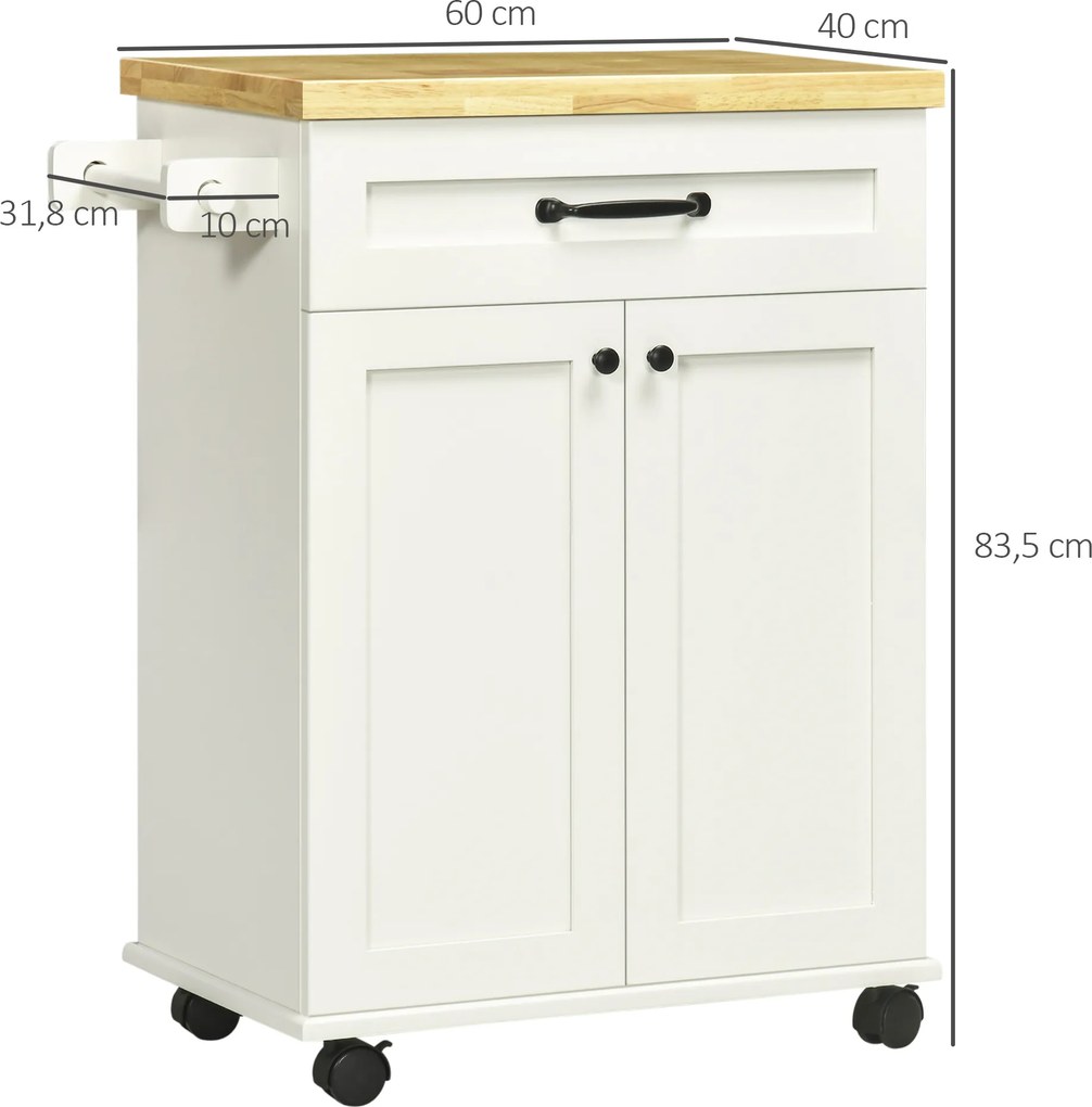 Carrinho de cozinha com rodas 68 L x 40 l x 83,5 A cm e vários compartimentos de arrumação: 1 gaveta, 1 armário, 1 suporte para panos de cozinha branc
