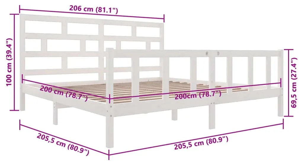 Estrutura de cama 200x200 cm madeira de pinho maciça branco
