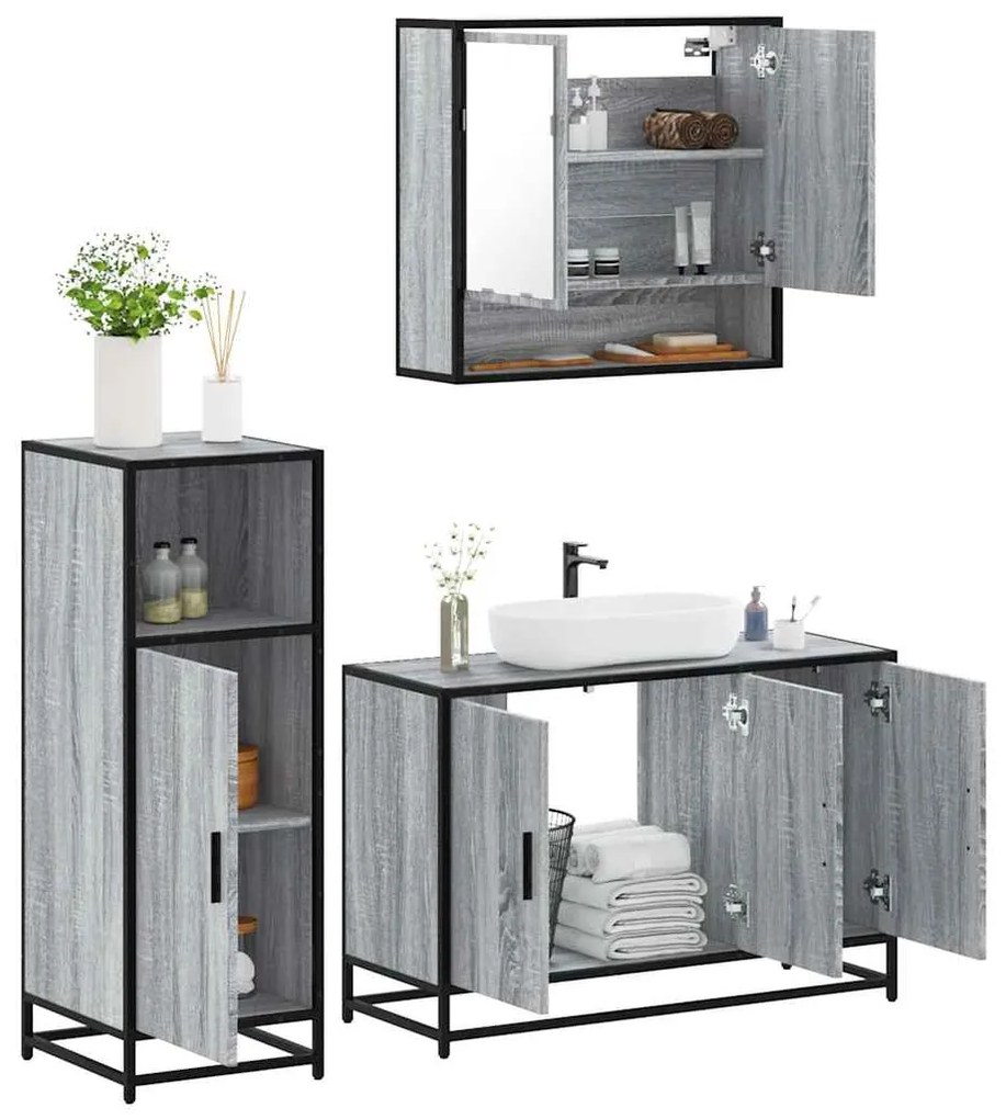 vidaXL 3 pcs Conjunto móveis casa de banho madeira proc. cinza sonoma