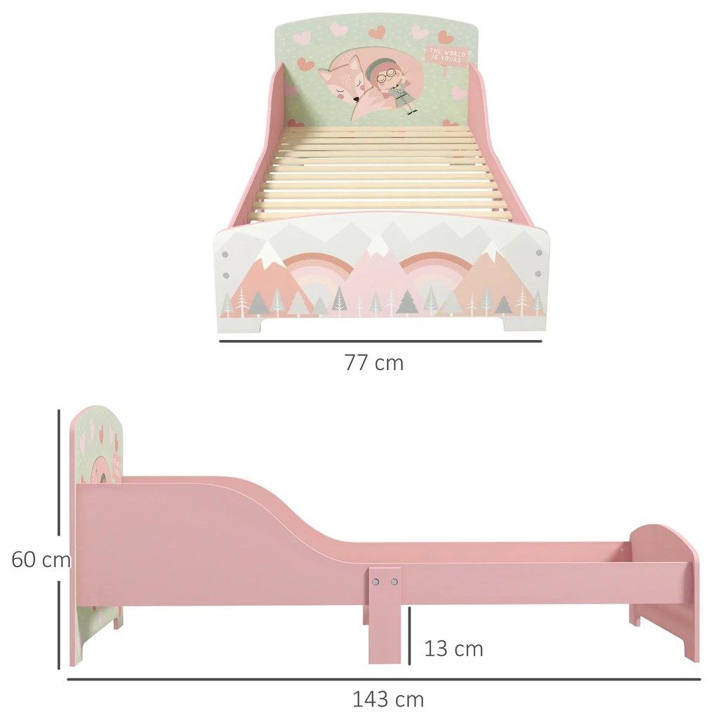 Cama para Crianças de Madeira (COLCHÃO NÃO INCLUIDO) com Barreira de Proteção e Estampados Carga Máx. 40 kg 143x77x60 cm Rosa