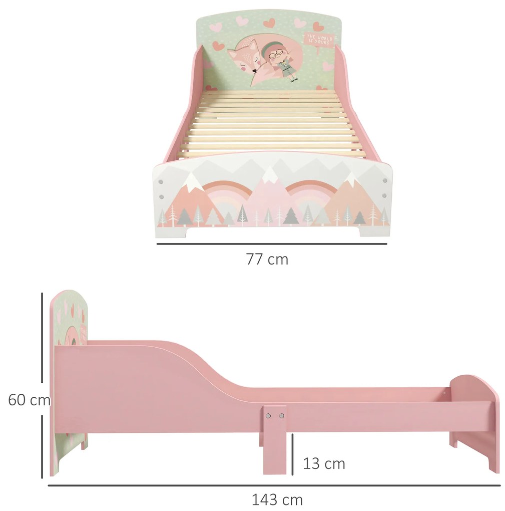 Cama para Crianças de Madeira com Barreira de Proteção e Estampados Carga Máx. 40 kg 77x143x60 cm Rosa