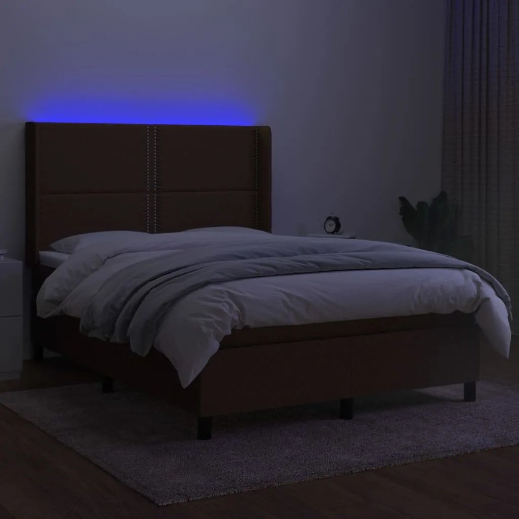 Cama box spring c/ colchão/LED 140x190cm tecido castanho-escuro