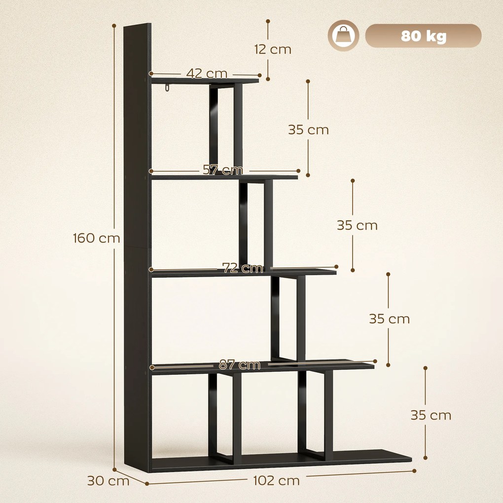 Estante-biblioteca  102 x 30 x 160 cm divisória de espaço em estilo industrial, em forma de escada, com 5 prateleiras, cor preta