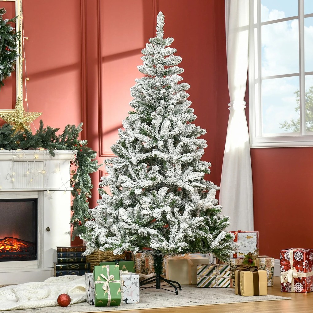 Árvore de Natal Artificial 180cm com Neve Ignífugo com 750 Ramos Folhas de PVC Abertura Automática Base Dobrável e Suporte Metálico Decoração de Natal