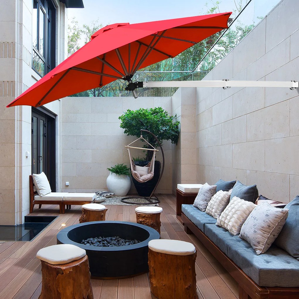 Guarda-sol montado na parede 250 cm x 184 cm com poste ajustável e inclinável resistente para jardim, varanda, pátio Vermelho