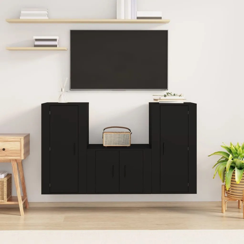 vidaXL Conjunto móveis de TV 3 pcs madeira processada preto