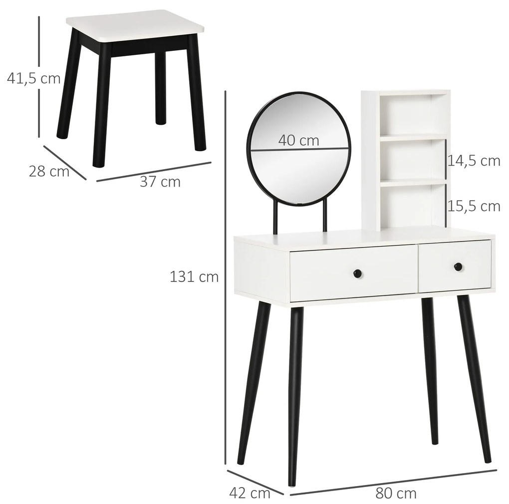 Toucador de Maquilhagem com Banquinho Espelho Redondo 2 Gavetas de Armazenamento e 3 Prateleiras Mesa de Maquilhagem para Dormitório 80x42x131cm Branc