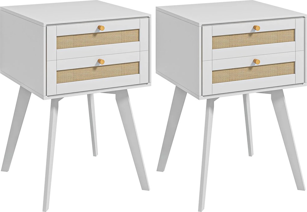 HOMCOM Conjunto de 2 Mesas de Cabeceira Estilo Cannage com 2 Gavetas em Vime Mesas Auxiliares Pequenas 40x40x60 cm Branco | Aosom Portugal