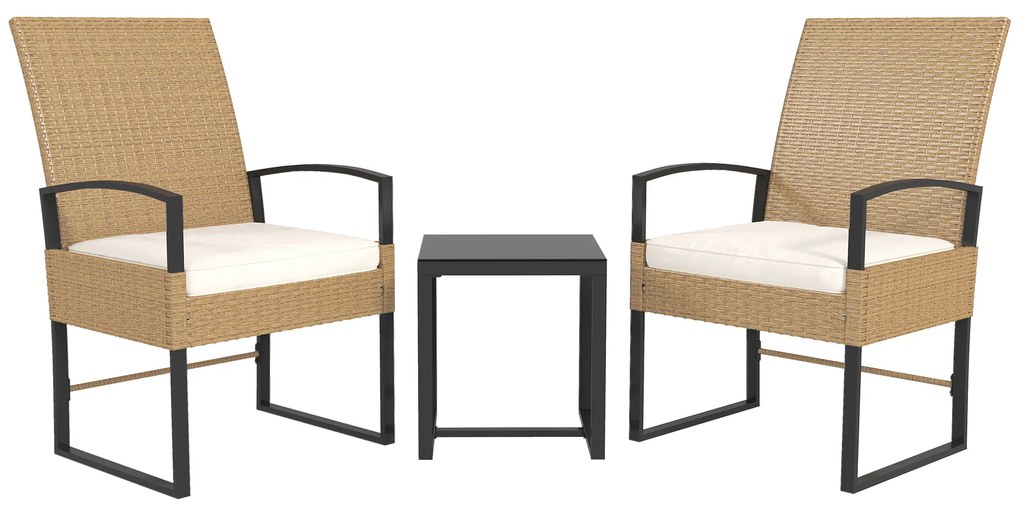 Outsunny Conjunto de Jardim de 3 Peças com 2 Cadeiras e Mesa de Vime com Encosto Ajustável e Bancada de Vidro Bege e Branco | Aosom Portugal