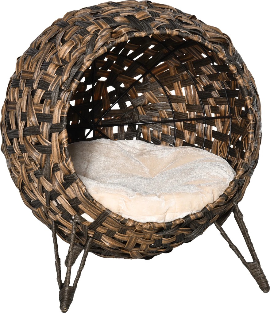 PawHut Casa de Rattan para Gatos com Almofada Cama para Gato Toca Elevada Castanho Ø52 x 58 cm | Aosom Portugal