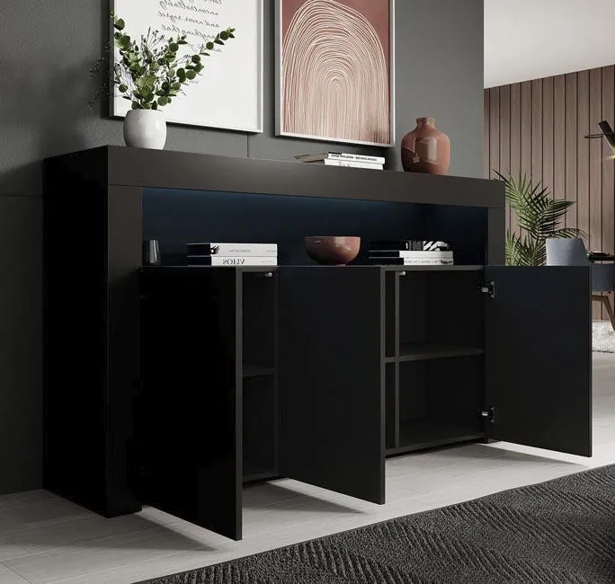 Aparador 'Alays' com Luzes LED - Preto Mate - 155x91,5x37 cm - Design