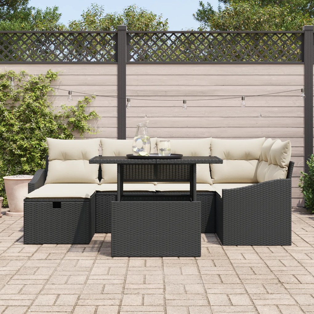 Conjunto de Sofá de Jardim de 7 Peças com Almofadas Preto Rattan Polic