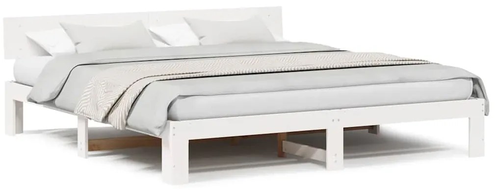 Estrutura de Cama com Cabeceira Branca 200x200 cm Madeira de Pinho Mac
