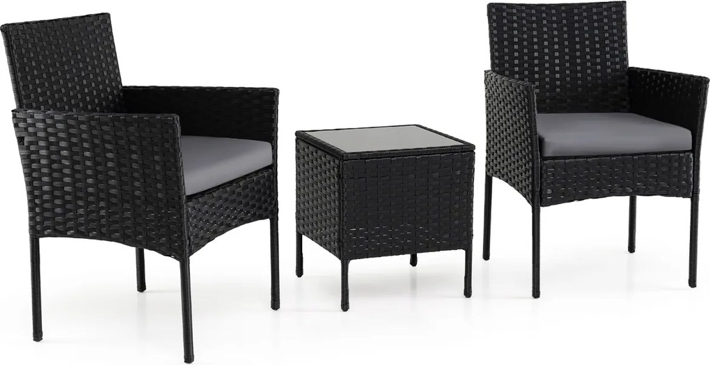 Conjunto de móveis de jardim de 3 peças em rattan com 2 cadeiras e Mesa auxiliar de vidro para terraço, pátio ou varanda Cinzento+Preto