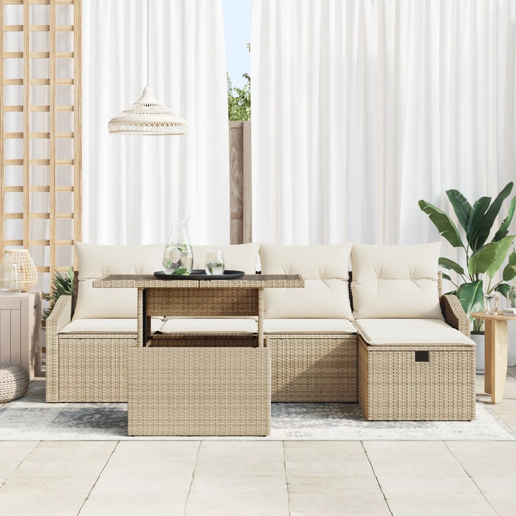 Conjunto de Sofá de Jardim de 6 Peças com Almofadas Bege em Rattan Pol