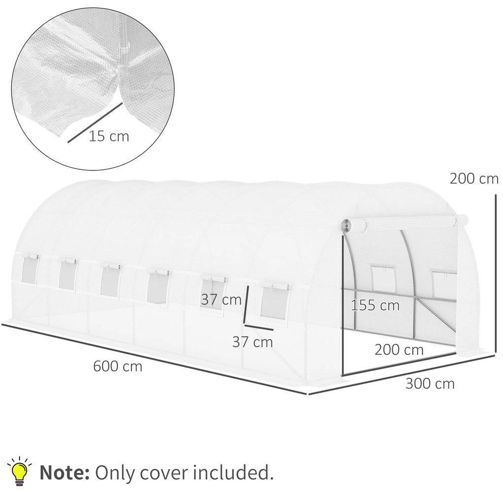 Cobertura de Estufa de Túnel 6x3x2m Cobertura de Substituição de Estufa Polietileno com 12 Janelas e Portas Enroláveis Proteção de Plantas para Jardim