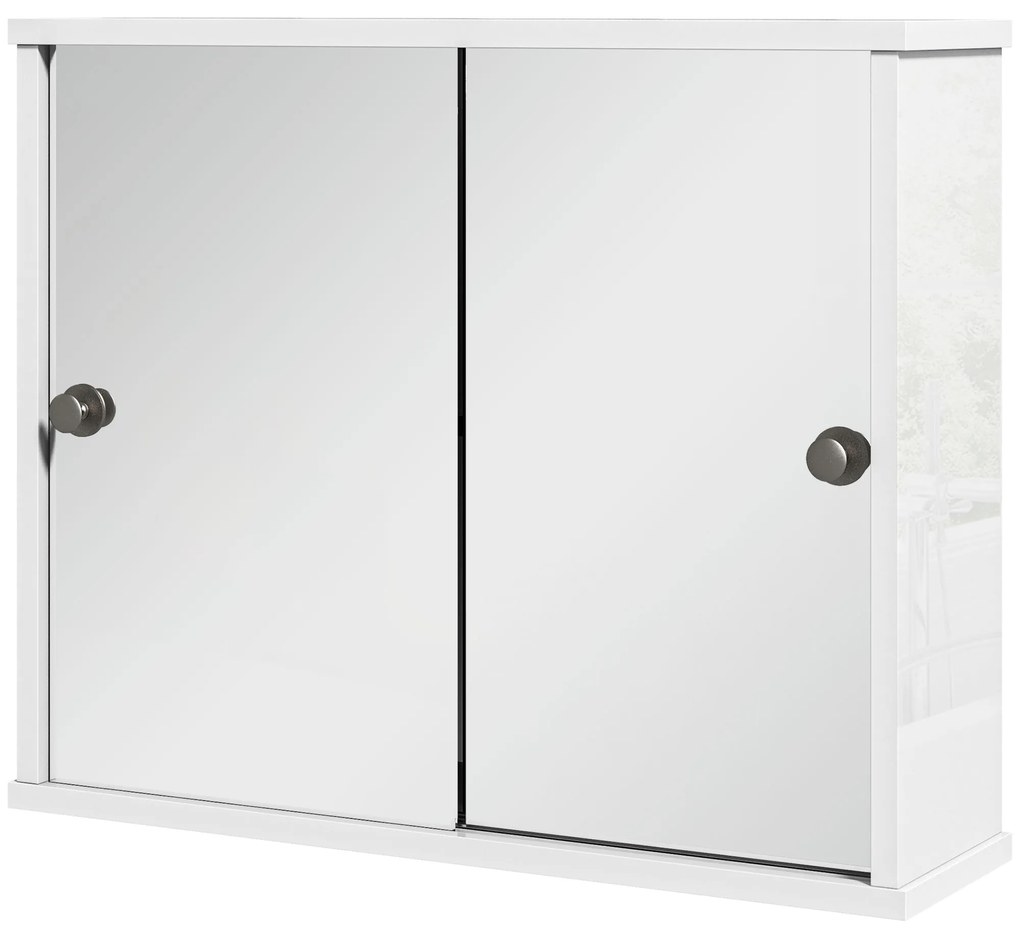 kleankin Armário Casa de Banho com Espelho Prateleira Ajustável e Porta de Correr Dupla com Espelho 55x15x45 cm Branco Brilhante