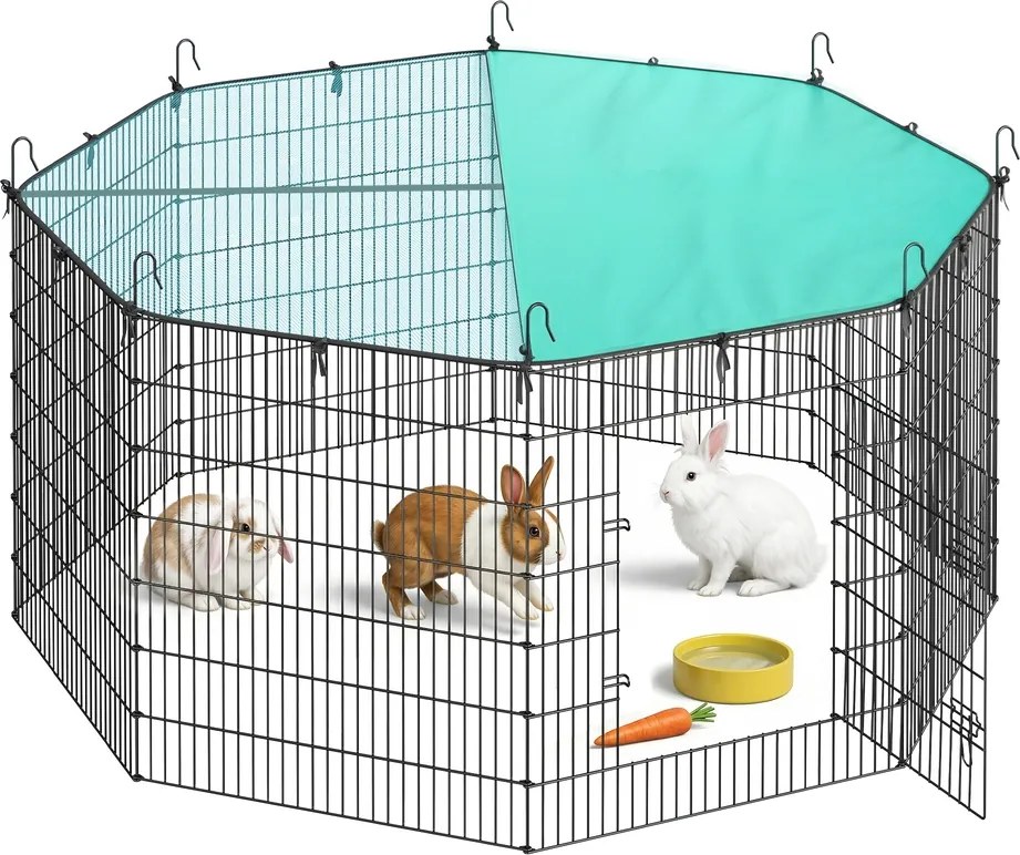 Parque para pequenos animais com cobertura, 8 placas de grelha, 175 x 175 x 80 cm, preto