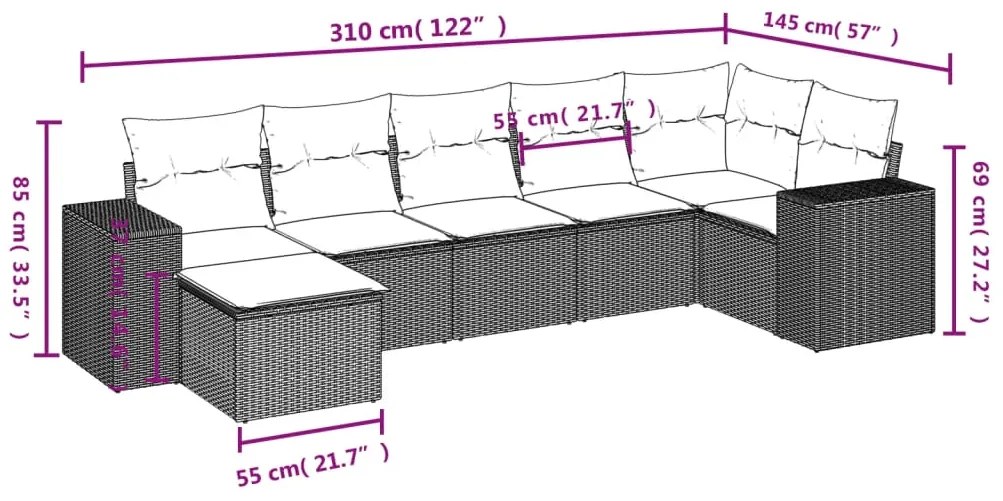 7 pcs conjunto de sofás jardim c/ almofadões vime PE castanho