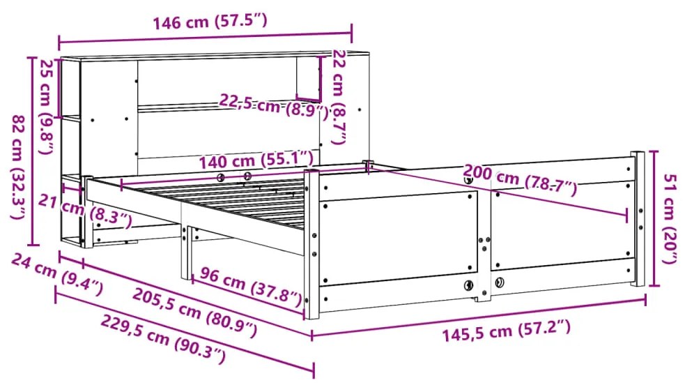 Cama com estante sem colchão 140x200 cm pinho maciço branco