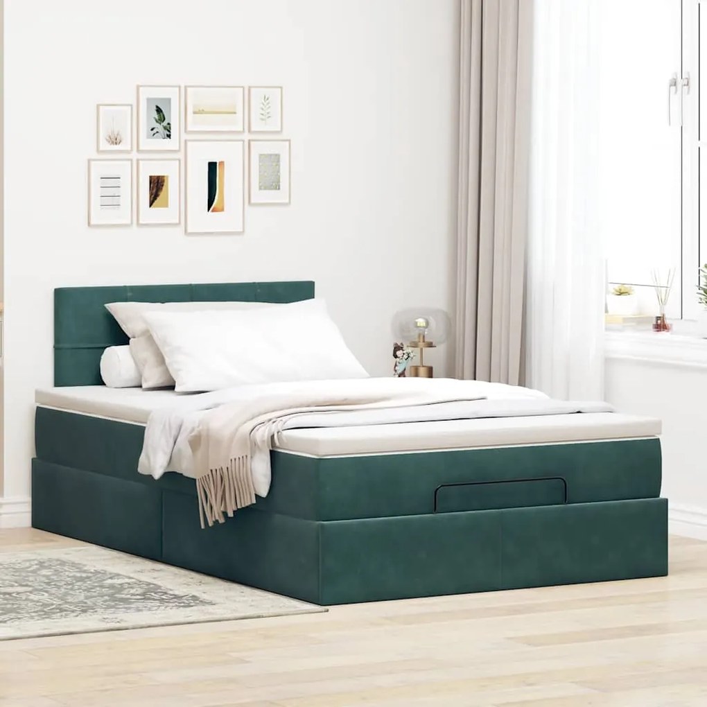 Estrutura de cama otomana com colchão verde escuro veludo