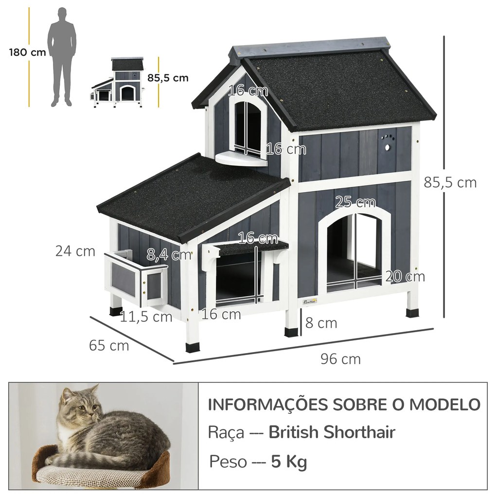 PawHut Casa para Gatos de Madeira com Suporte para Flores 96x65x85,5 cm Casa para Gatos de 2 Níveis com Teto Asfáltico Janela e Múltiplas Entradas Cinza