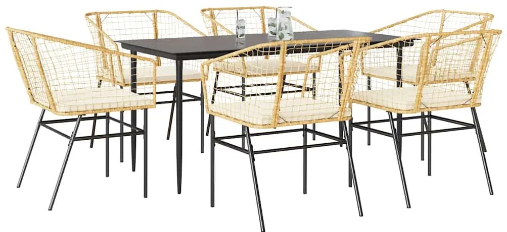 Conjunto jantar jardim 7 peças almofadas vidro vime PE castanho