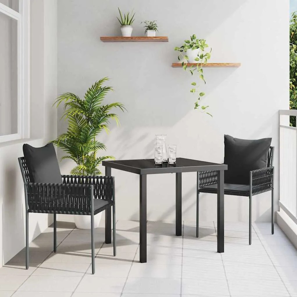 vidaXL Conjunto de Jantar para o Jardim com Almofadas - 3 Peças Preto de Rattan Sintético.