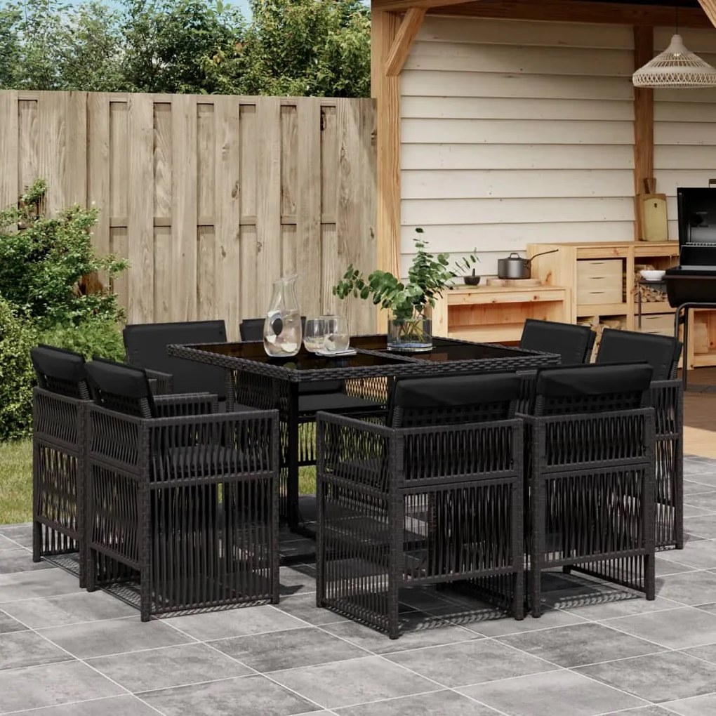 9 pcs conjunto de jantar p/ jardim c/ almofadões vime PE preto