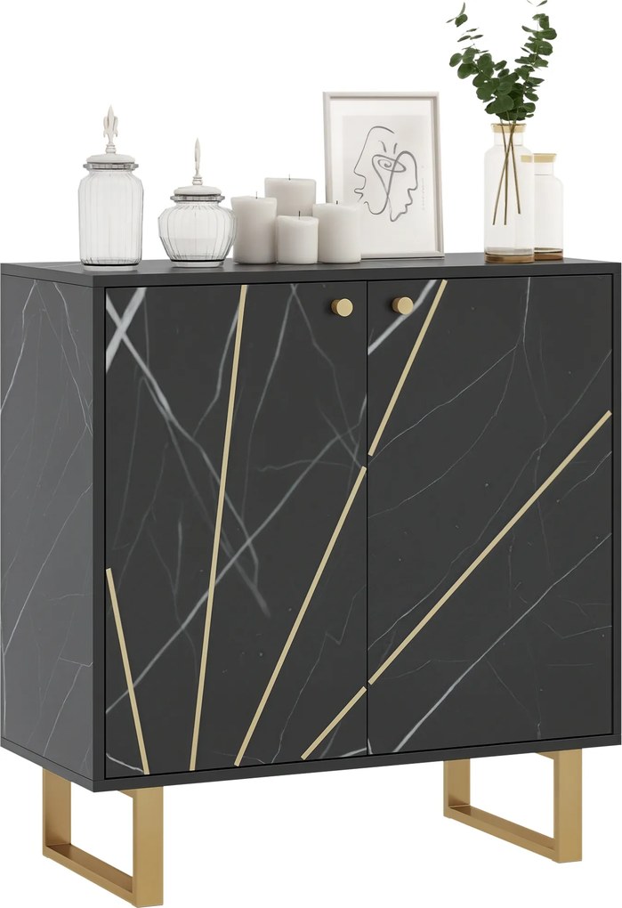 Aparador com 2 portas e prateleira ajustável, pés em metal, 76 x 35 x 77 cm, tom de mármore preto