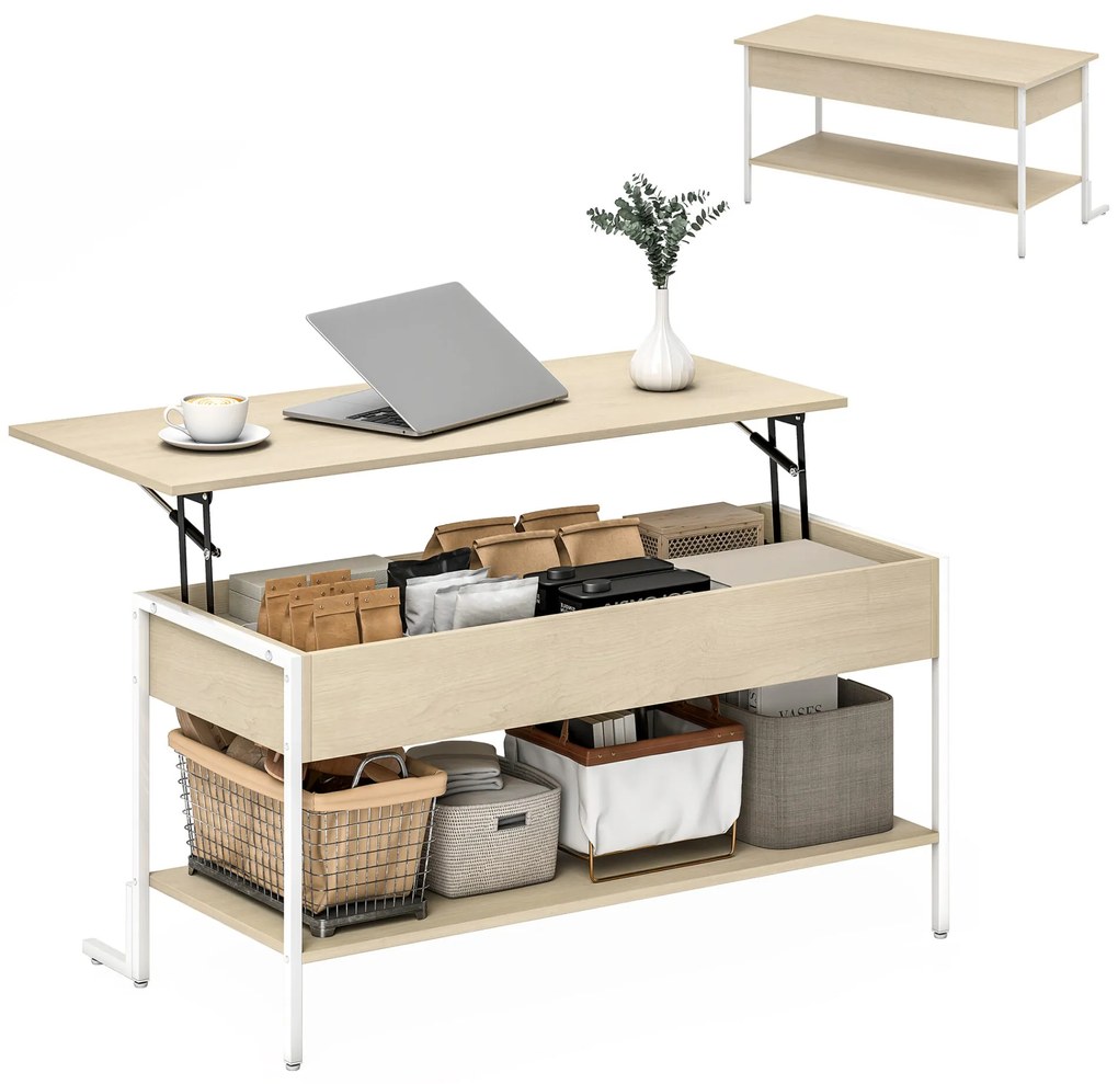 HOMCOM Mesa de Centro Elevatória Mesa de Café com Fecho Suave Espaço Oculto de Arrumação e Prateleira Aberta 95x40x59 cm Madeira e Branco