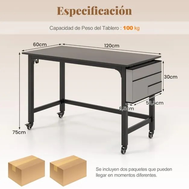 Secretária com Rodas Mesa de Escritório 120 x 60 x 75 cm com Bolsa e Ganchos para Auscultadores Compacta Estrutura em Metal Preto