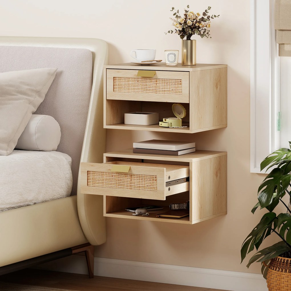 Conjunto de 2 Mesas de Cabeceira Suspensas com Gaveta de Vime Prateleira Aberta Economiza Espaço 40x30x25 cm Carvalho