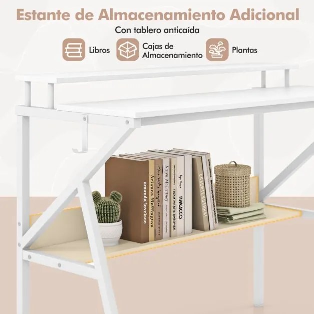 Secretária pequena com suporte para monitor, gancho suspenso e prateleira adicional 100 x 48 x 81,5 cm Branca