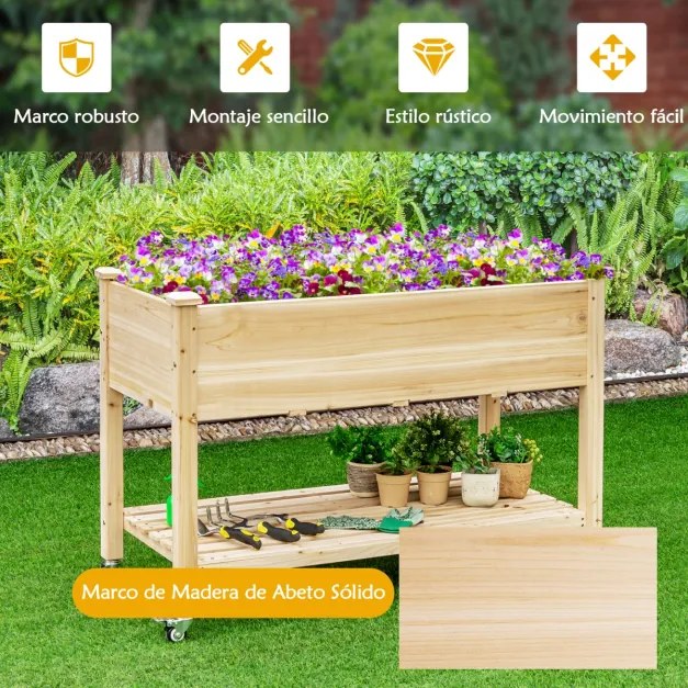 Floreira de madeira para jardim elevado com rodas bloqueáveis Estante e forro protetor Caixa de cultivo para legumes, flores e ervas aromáticas Natura