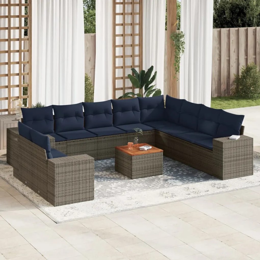 vidaXL 11 pcs conjunto sofás de jardim c/ almofadões vime PE cinzento
