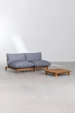 Conjunto De Sala Com Sofá Modular Reclinável De 2 Peças E Mesa De Centro Em Madeira De Acácia Brina Cinzento-azul - Sklum