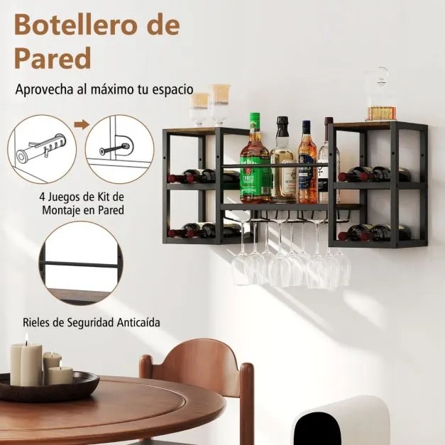 Garrafeira de parede 89 x 25 x 40 cm para vinho com suportes para garrafas, suportes para copos, prateleiras abertas, estrutura metálica, estilo indus