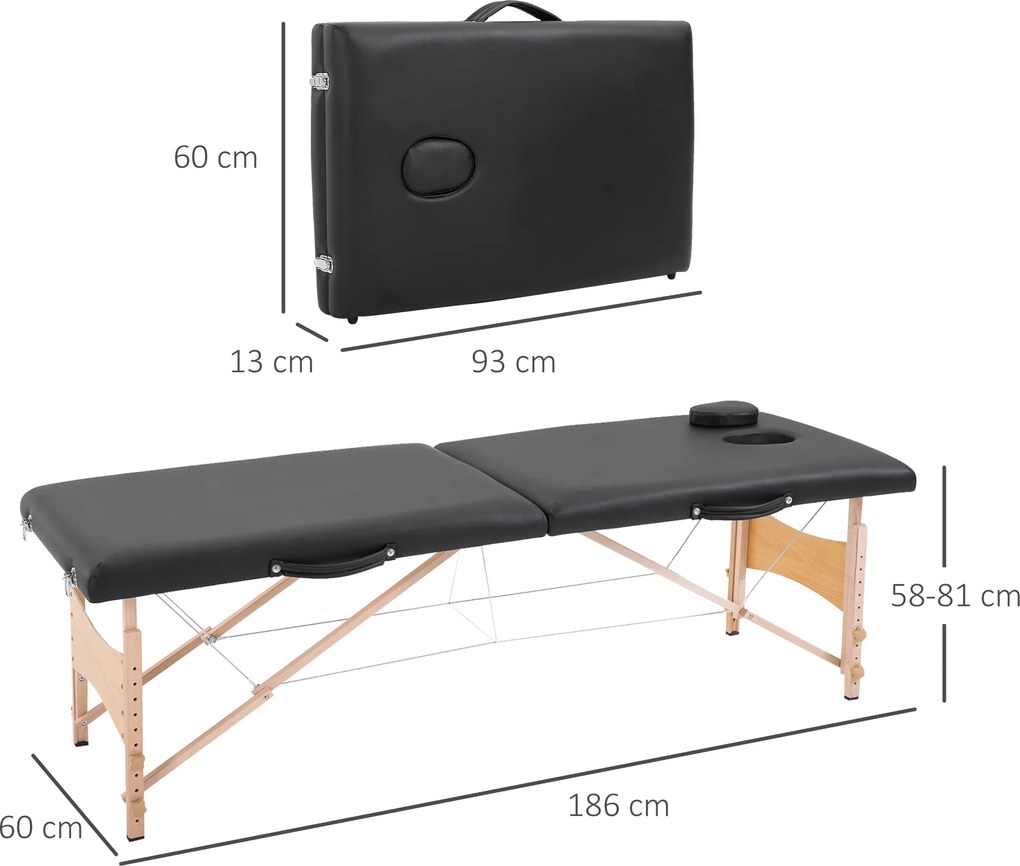 Marquesa de Massagem Dobrável Portátil com Apoio para a Cabeça Altura Ajustável e Bolsa de Transporte 186x60x58-81 cm Preto