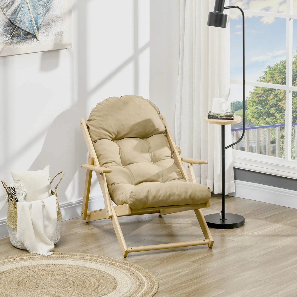 Poltrona de sala dobrável e reclinável em madeira com almofada acolchoada espessa - 71 x 89 x 96 cm, castanho claro