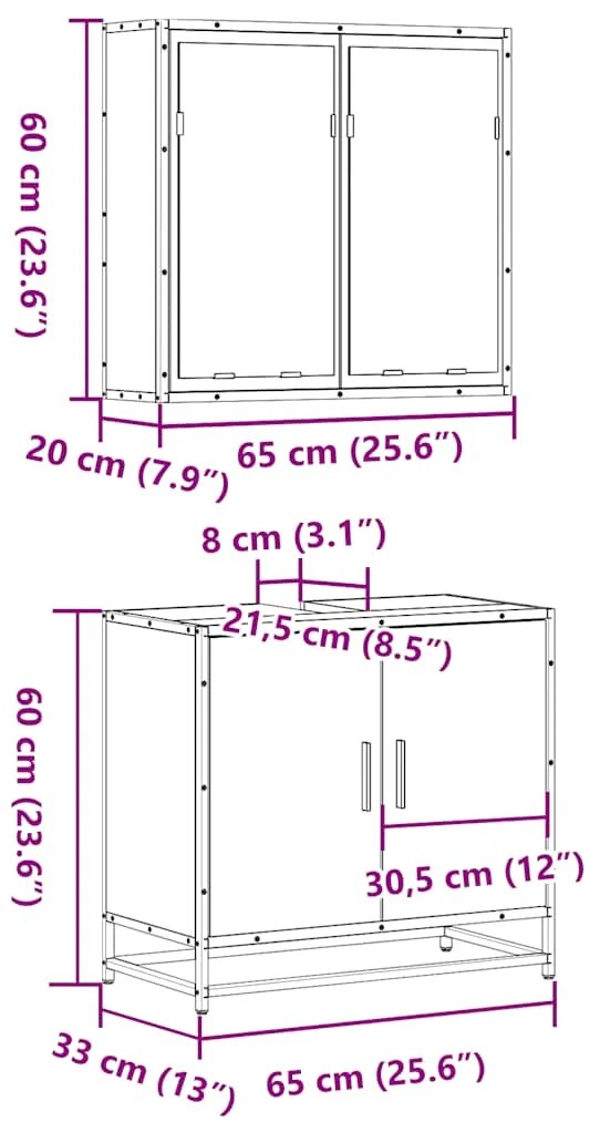 2 pcs conjunto móveis WC derivados de madeira sonoma cinza