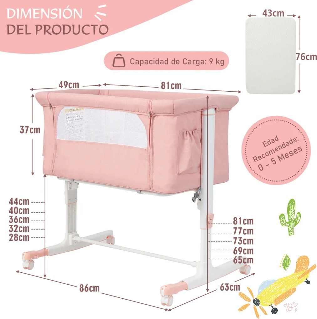 Berço infantil 3 em 1 com colchão 5 alturas ajustável 10° de inclinação 10° de bolsa lateral Berço de transporte portátil para bebés 86 x 63 x 81 cm R
