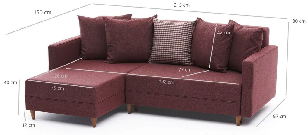 Sofá-cama de canto Aydam – Vermelho Claret – 215x80x150 cm